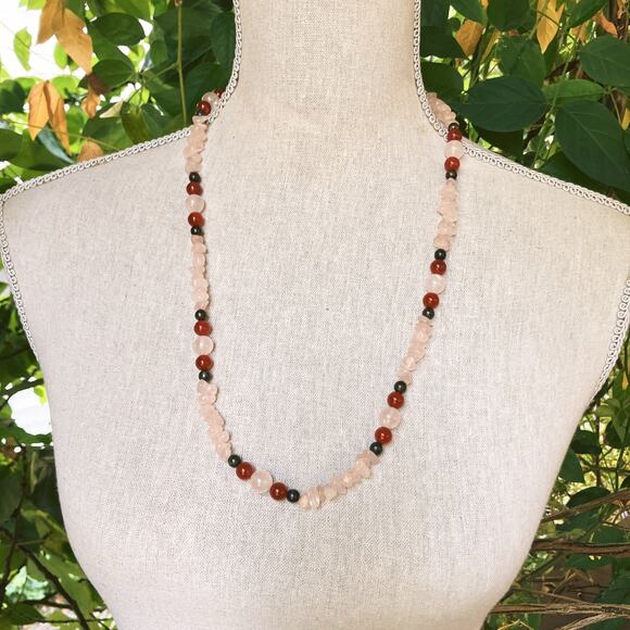 Vintage Rose Quartz Carnelian Beaded Necklace with Sterling Clasp 1980s 1990s - Picture 3 of 13